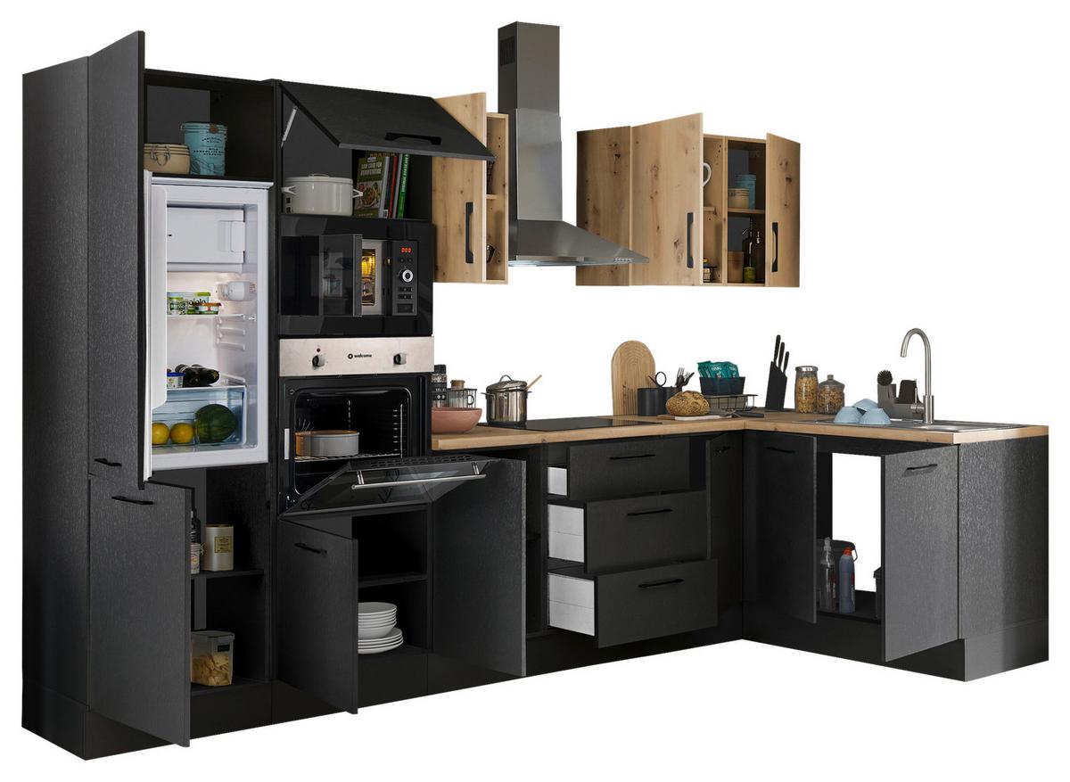 Eckküche Turin Schwarz/Eiche Dekor 330x165 cm - Schwarz/Eiche Artisan, Basics, Holzwerkstoff (330/165cm) - MID.YOU