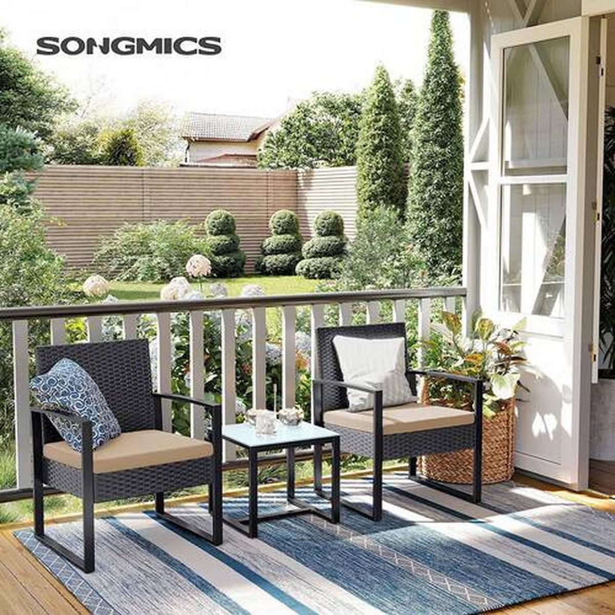 Gartenset 3-tlg. Schwarz Beige inkl. Tisch mit Glasplatte - Beige/Schwarz, MODERN, Glas/Kunststoff - Modante