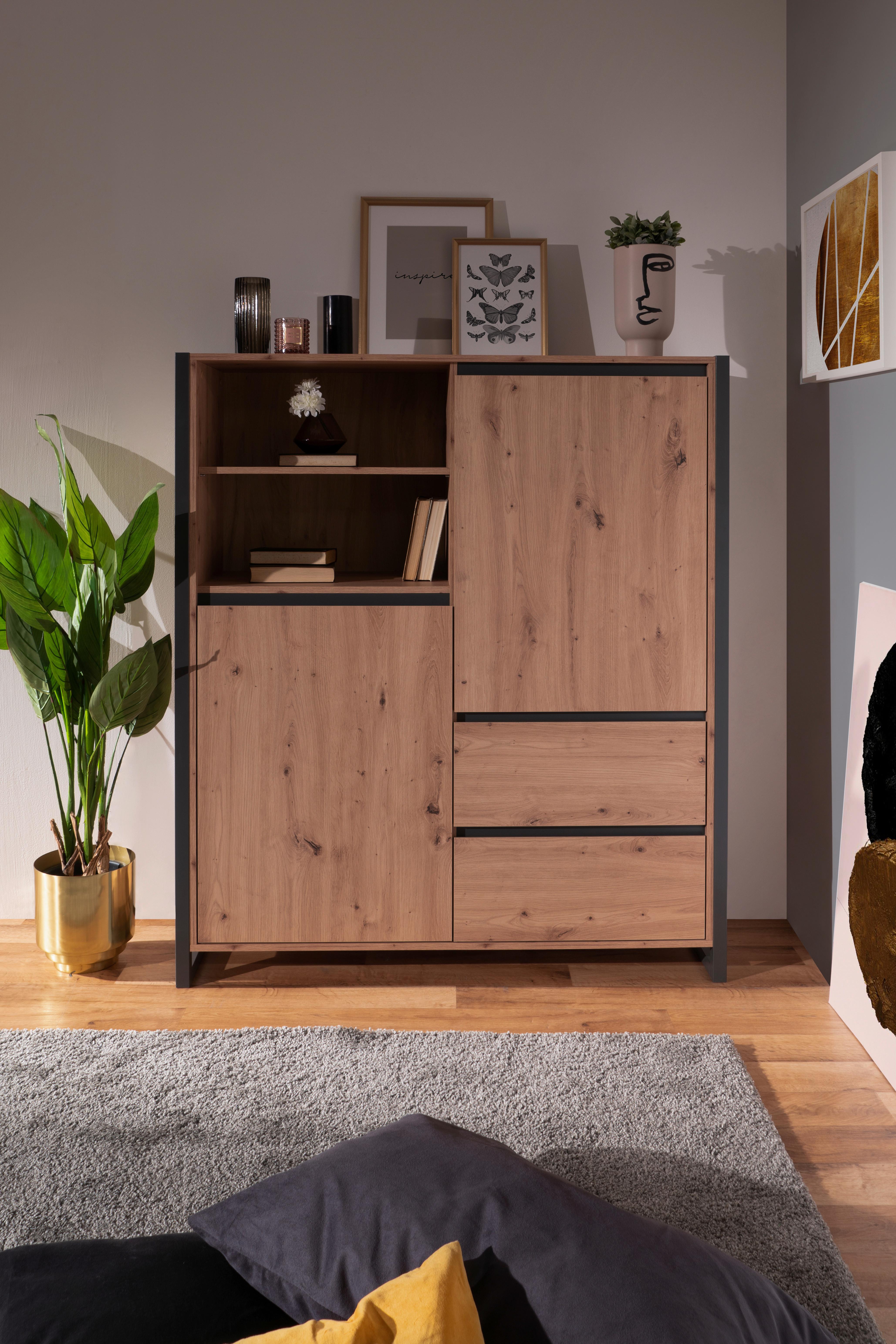 Highboard Grifflos 120 Cm Denver 51, Eiche/anthrazit - Eichefarben/Anthrazit, MODERN, Holzwerkstoff (120/140/40cm) - MID.YOU