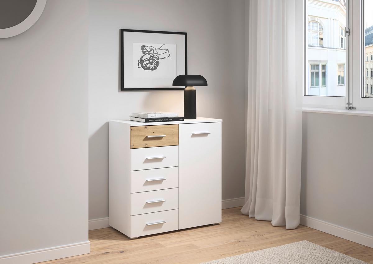 Kommode 80cm Foster, Alpinweiß - Alufarben/Eiche Artisan, KONVENTIONELL, Holzwerkstoff (80/84/40cm)