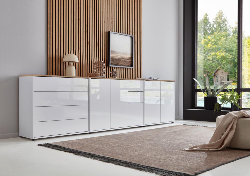 Sideboard Mailand7 B:263,5cm Weiß/Eiche - Weiß Hochglanz/Schwarz, MODERN, Holzwerkstoff (263,5/73/33cm) - MID.YOU