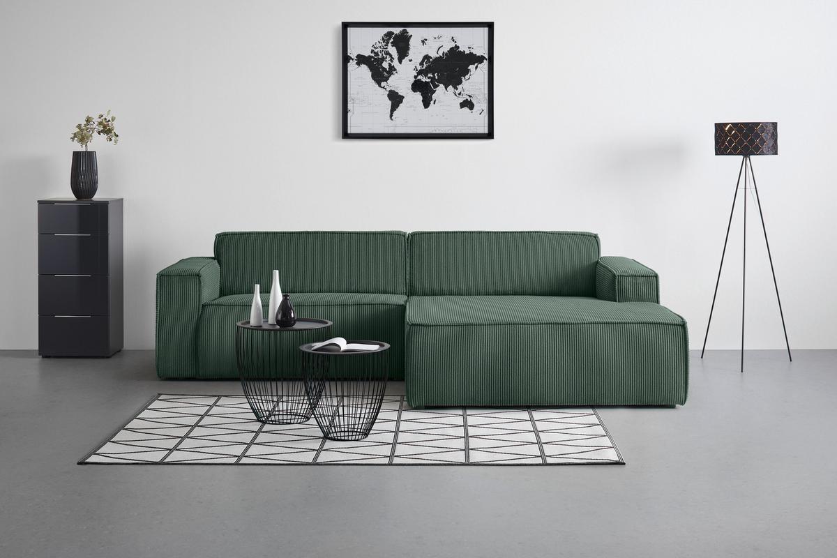 Rohová sedačka LOFT, pravá, tmavě zelený manšestr - černá/světle zelená, Moderní, textil/plast (265/75/172cm) - Mömax