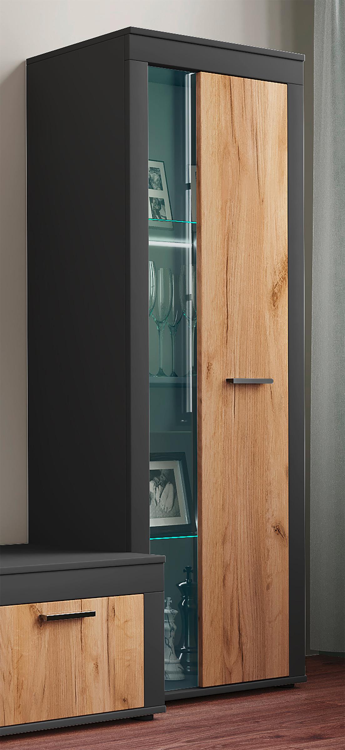 Vitrine Usilo Anthrazit/Eiche Dekor B: 60 cm - Honigeiche/Anthrazit, Design, Glas/Holzwerkstoff (60/159/35cm) - MID.YOU