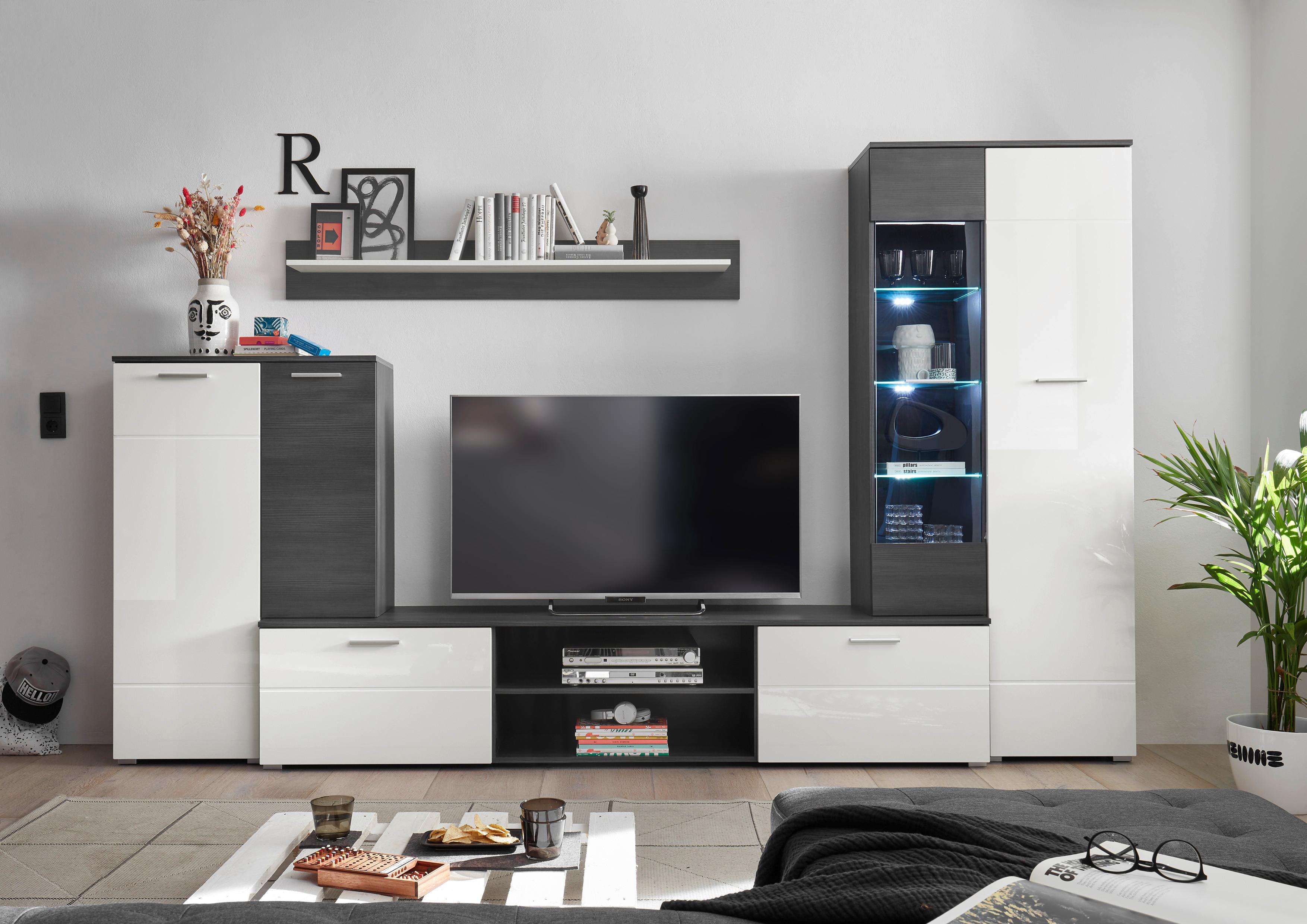 3-teilige Wohnwand in Weiß Hochglanz und Anthrazit