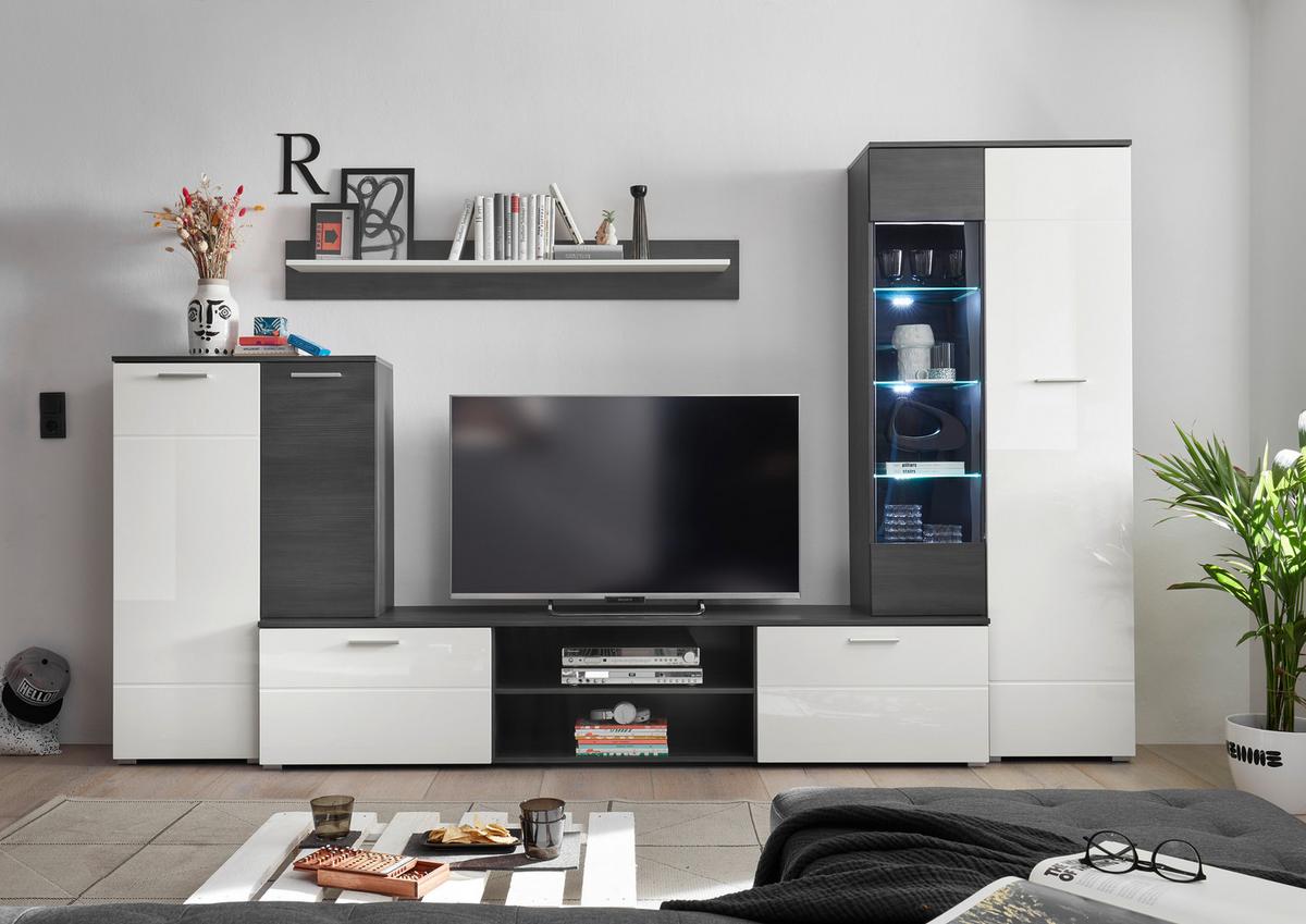 Wohnwand 4-tlg. Mit Led Melody, Weiß/anthrazit - Weiß Hochglanz/Anthrazit, KONVENTIONELL, Glas/Holzwerkstoff (312/190cm) - MID.YOU