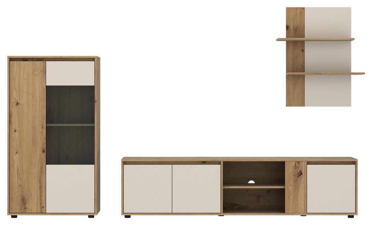 Wohnwand Caneva Eiche Artisan/Kaschmir B:267cm - Kaschmir/Eiche Artisan, MODERN, Glas/Holzwerkstoff (267,5/135/40cm) - Modern Living