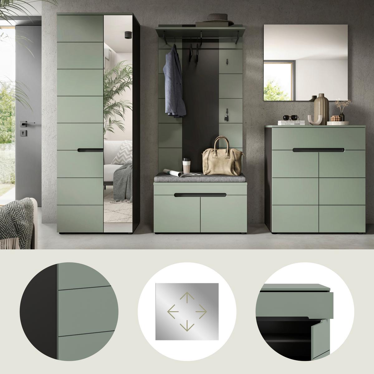 Garderobe Canu 5-Teilig Grau/Grün B: 255 cm - Graugrün/Grau, Design, Holzwerkstoff (255/190/37cm) - Livetastic