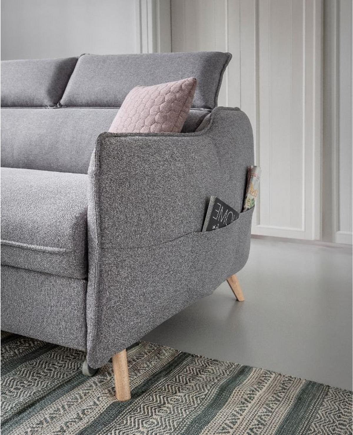 Rozkládací sedačka Simone, levé provedení - světle šedá/přírodní barvy, Moderní, dřevo/textil (228/82/95/162cm)