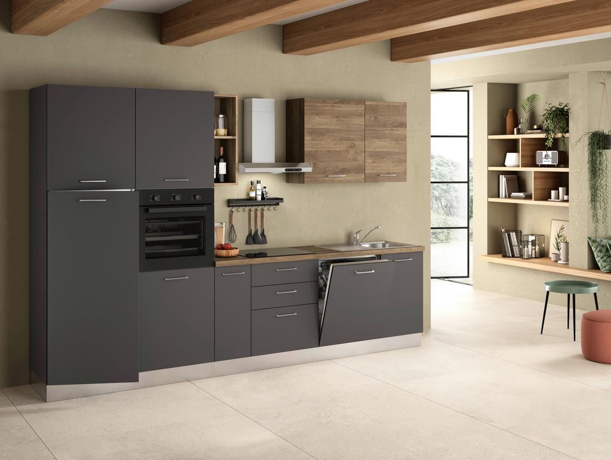 Küchenzeile Freia Mit Kühlschrank 315 cm - Walnussfarben/Alufarben, LIFESTYLE, Holzwerkstoff/Kunststoff (315cm) - MID.YOU