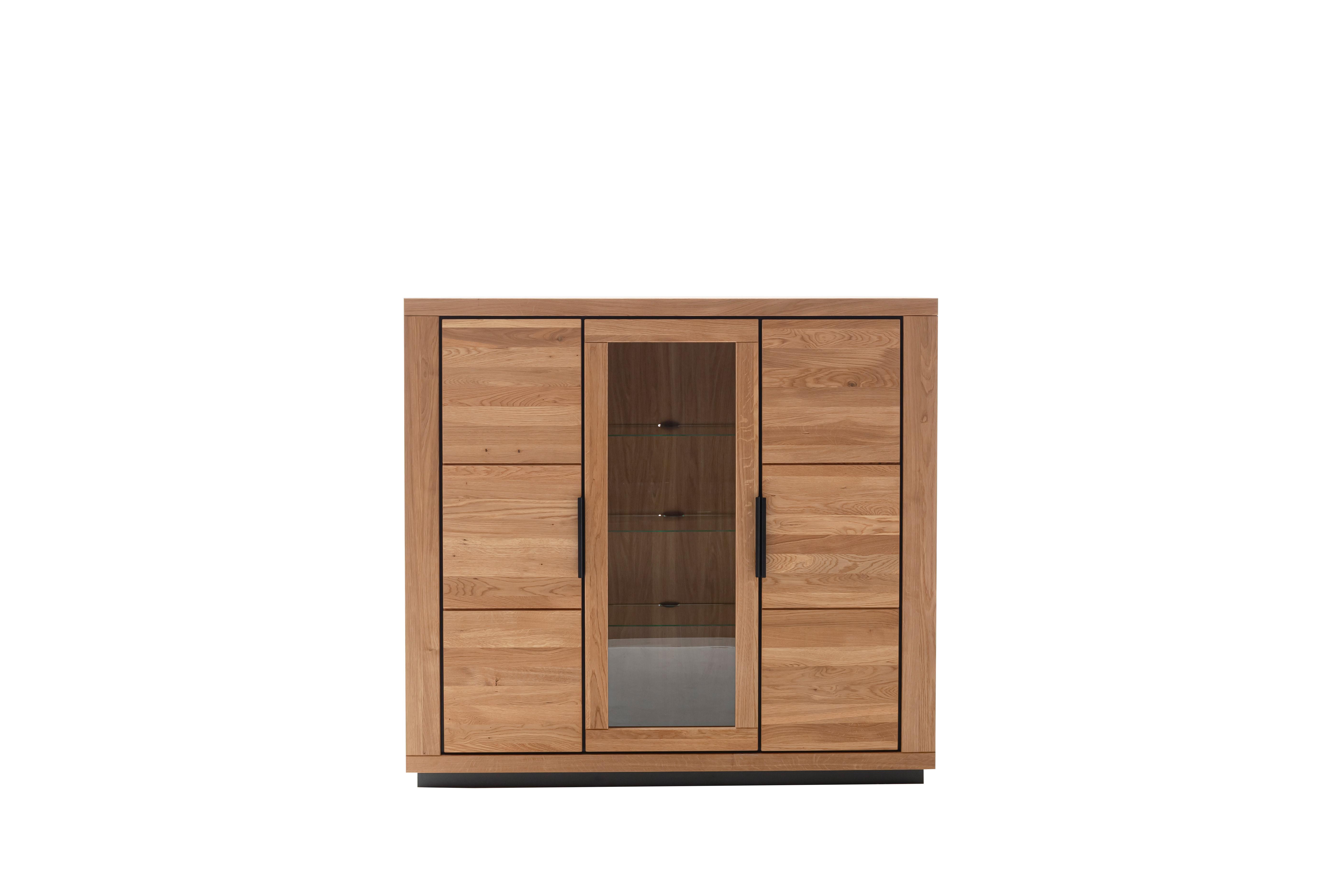 Highboard 156cm Greno Wildeiche Massiv - Wildeiche/Schwarz, ROMANTIK / LANDHAUS, Glas/Holz (153/142/40cm)