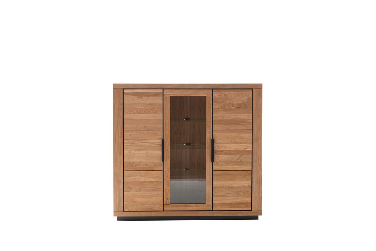 Highboard 156cm Greno Wildeiche Massiv - Wildeiche/Schwarz, ROMANTIK / LANDHAUS, Glas/Holz (153/142/40cm)