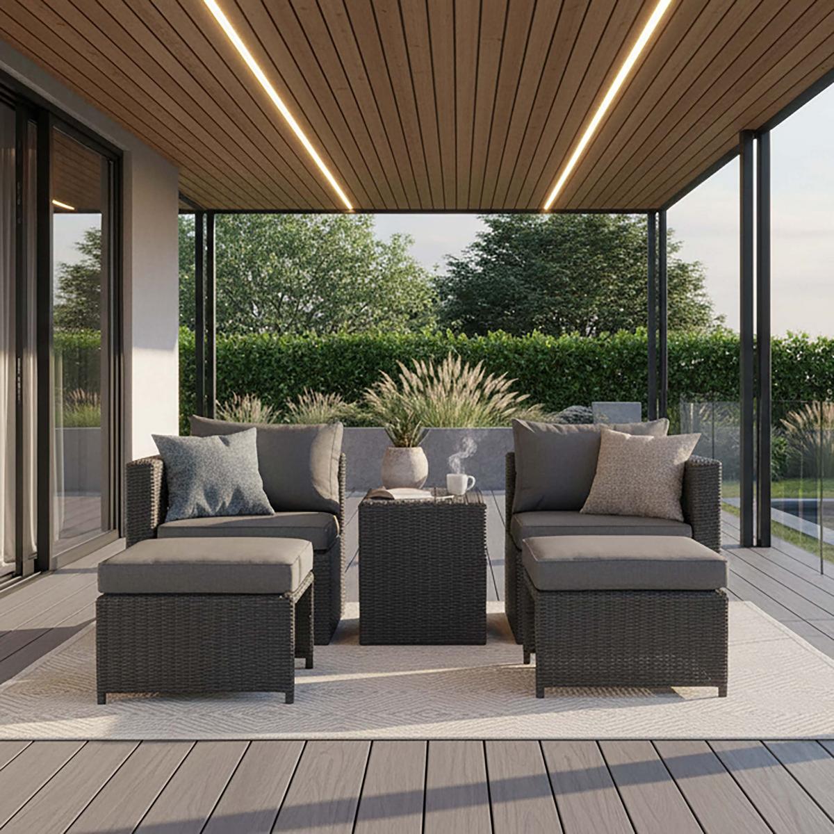 Gartenmöbel Set 5-tlg. Quad Kunststoffgeflecht Mit Kissen - Schwarz/Grau, KONVENTIONELL, Kunststoff/Metall - Gardenson