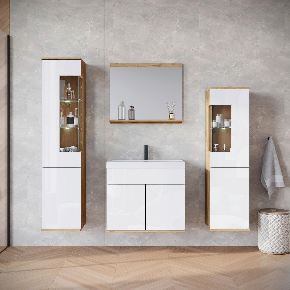 Badezimmer Narobi Eiche Wotan/Weiß B: 120,4 cm - Weiß Hochglanz/Eiche Wotan, Trend, Glas/Keramik (120,4cm) - P & B