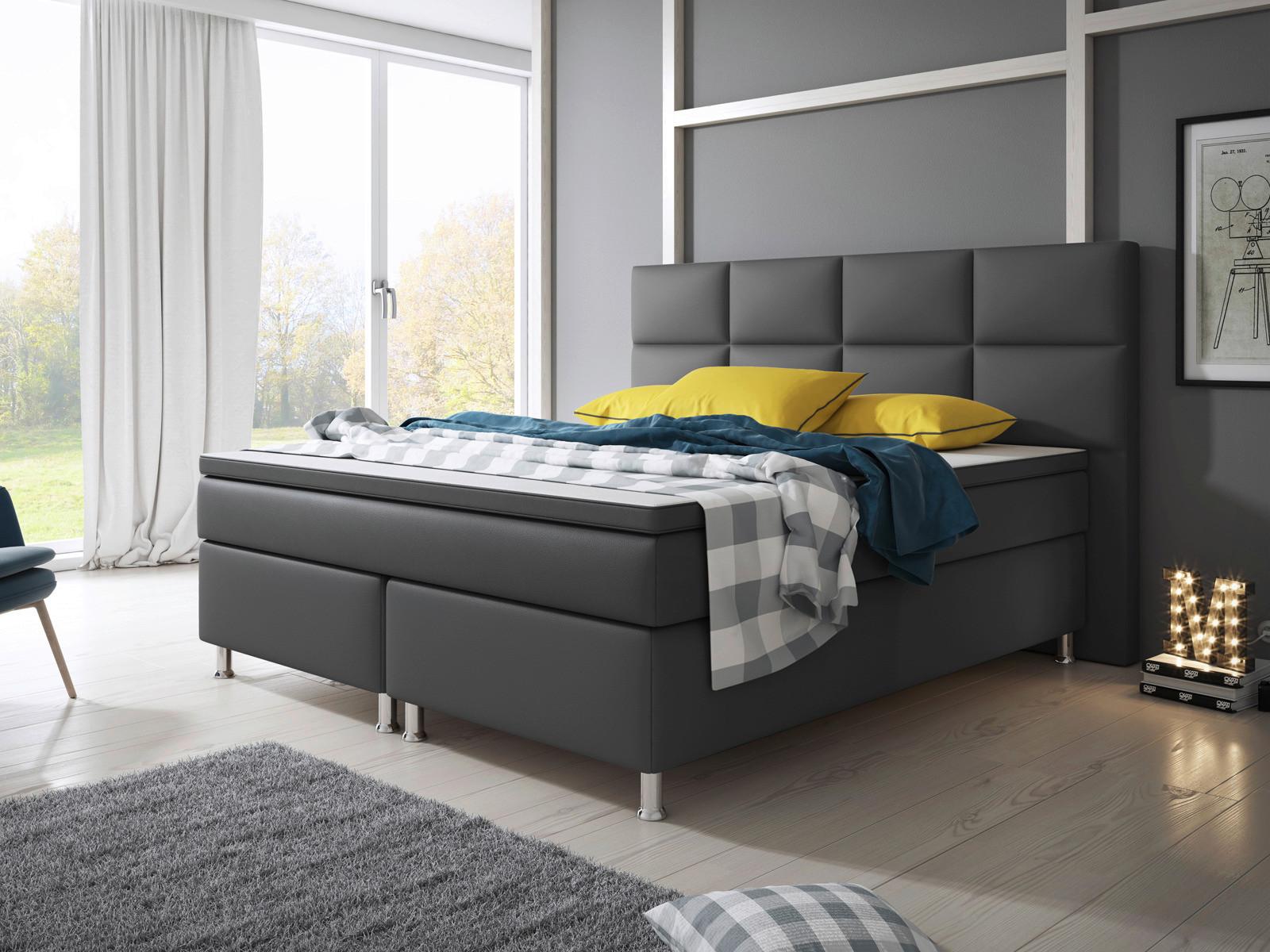 Boxspringbett Mit Topper / Matratzen 180x200 Cm Miami-Bk - Anthrazit/Silberfarben, KONVENTIONELL, Leder/Textil (200/125/210cm) - MID.YOU