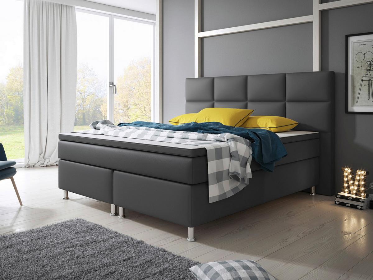 Boxspringbett Mit Topper / Matratzen 180x200 Cm Miami-Bk - Anthrazit/Silberfarben, KONVENTIONELL, Leder/Textil (200/125/210cm) - MID.YOU