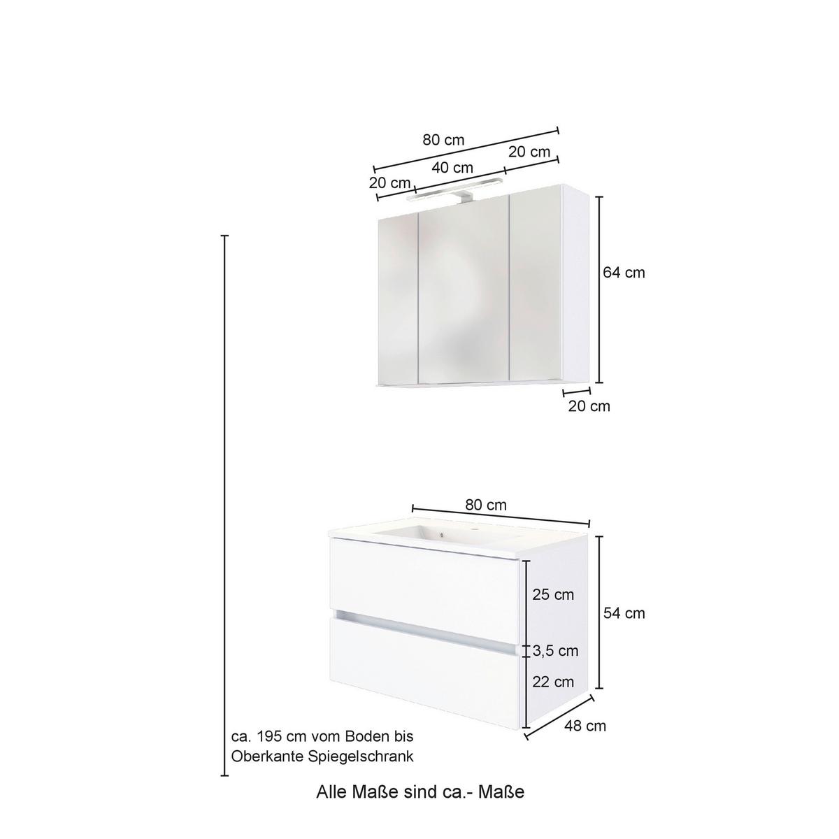 Badmöbel-Set 3--Teilig. inkl. LED Helsinki B: 80 cm, Grau/Eiche - Eichefarben/Weiß, KONVENTIONELL, Glas/Holzwerkstoff (80cm) - Held