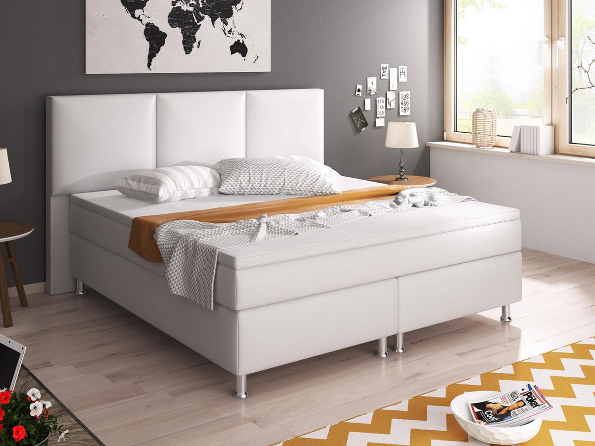 Boxspringbett Mit Topper Lederlook 180x200 Oslo - Silberfarben/Weiß, KONVENTIONELL, Leder/Textil (180/200cm) - MID.YOU