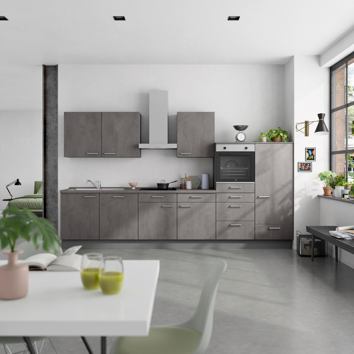 Kuchynská linka 360 cm, bridlicovo šedý beton - farba ušľachtilej ocele/bridlicová, Modern, kov/kompozitné drevo (360cm) - Nobilia