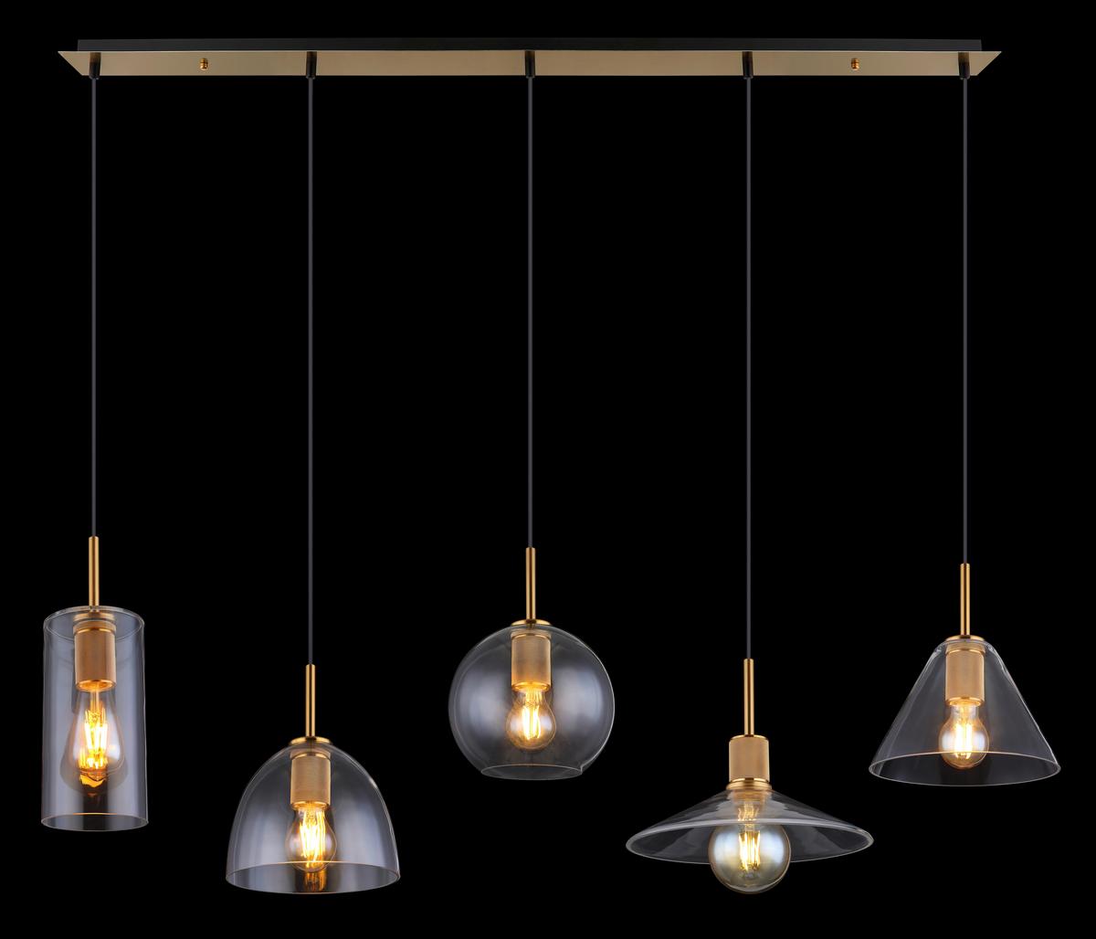 Hängeleuchte H: 120 cm 5-Flammig,leuchtmittel Wählbar - Klar/Messingfarben, Design, Glas/Metall (137/28cm) - Globo