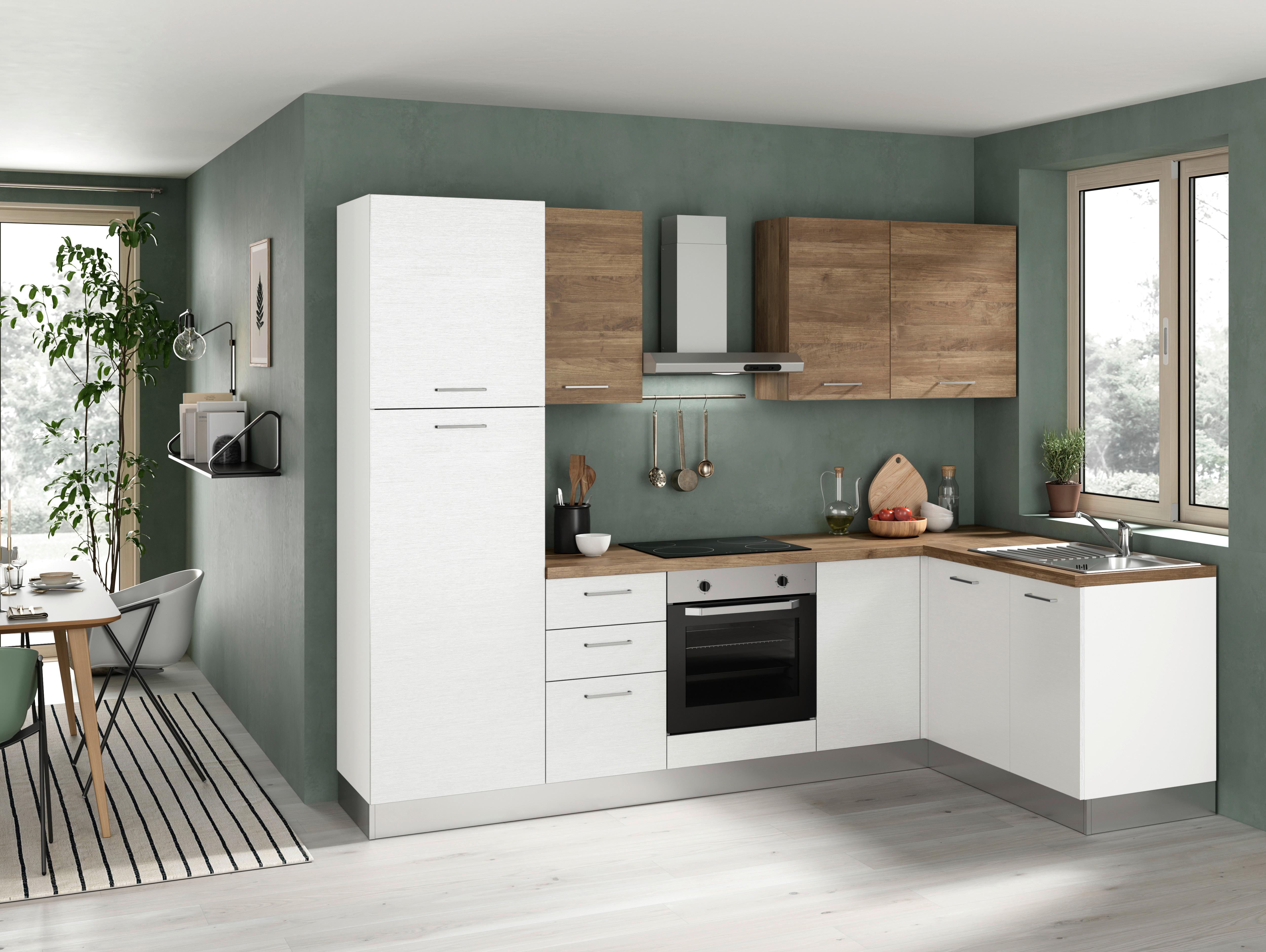 Eckküche Dafne Mit Kühlschrank 270x165 Cm Weiß/nussbaum - Edelstahlfarben/Nussbaumfarben, LIFESTYLE, Holzwerkstoff/Kunststoff (270/165cm) - MID.YOU