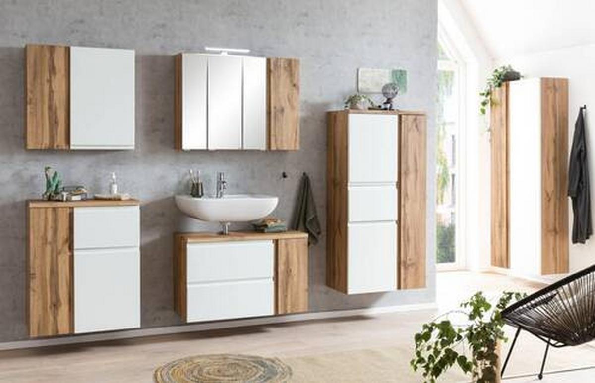 Midischrank Bad Varese B: 65 cm Weiß/Wotaneiche Dekor - Silberfarben/Eiche Wotan, MODERN, Holzwerkstoff (65/130/35cm) - Held