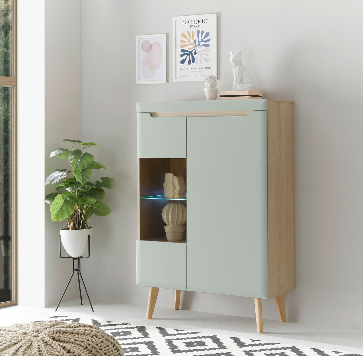 Highboard Svante Torge Grün/Eichefarben B: 90 cm - Eichefarben/Grün, Design, Holzwerkstoff (90/134/40cm) - MID.YOU