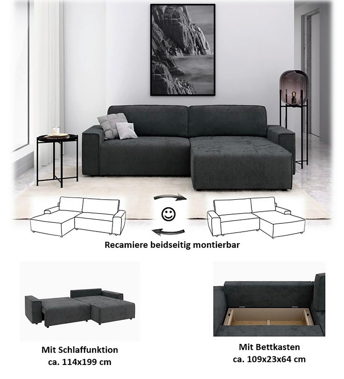 Ecksofa Chance Graphitfarben S: 165x164 cm - Schwarz/Graphitfarben, MODERN, Textil (265/164cm) - Trendmanufaktur