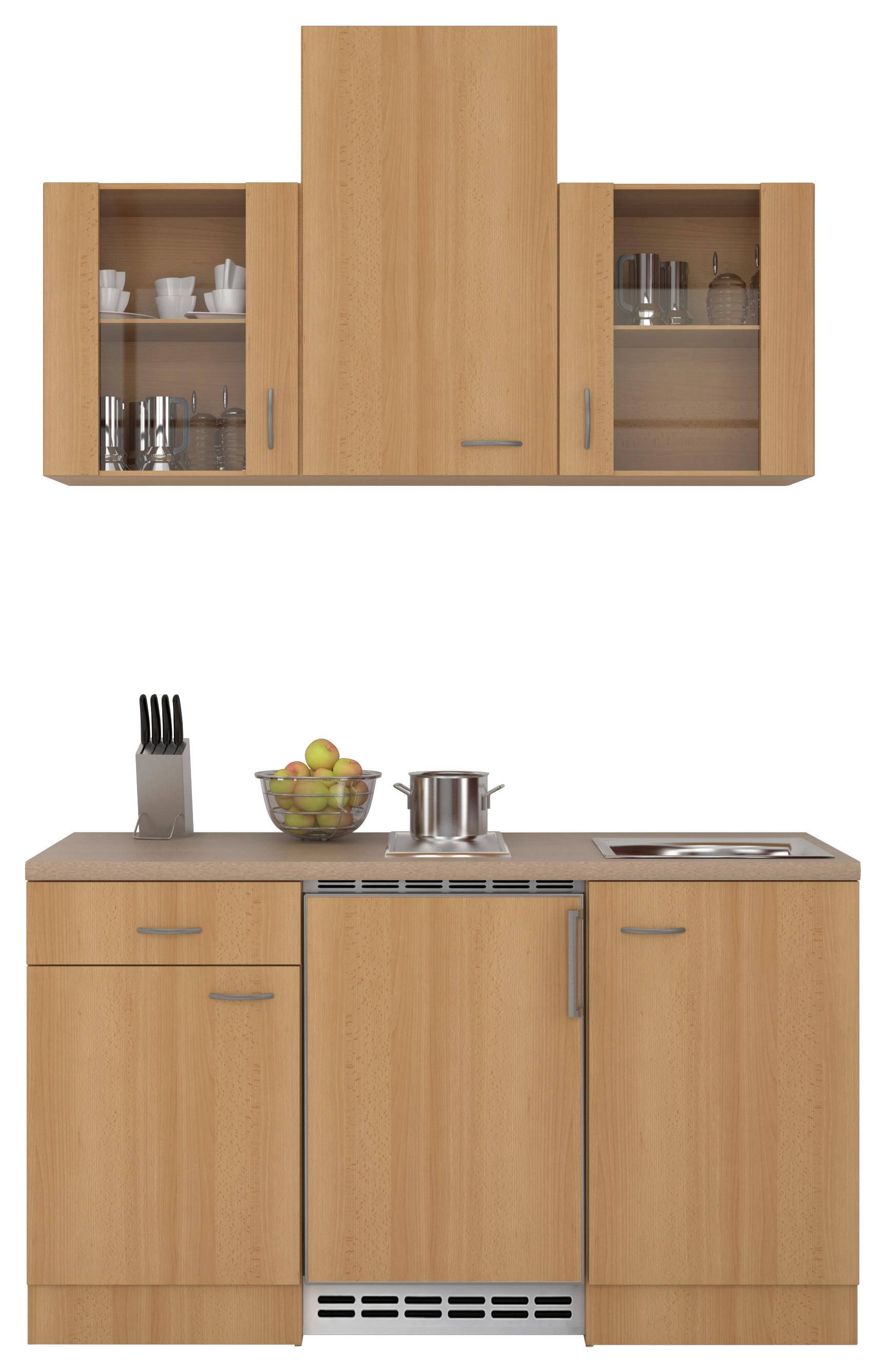 Minikuchyňa NANO vrátane spotrebičov a drezu - farba buka/farba ušľachtilej ocele, Modern, kompozitné drevo/plast (150cm) - FlexWell
