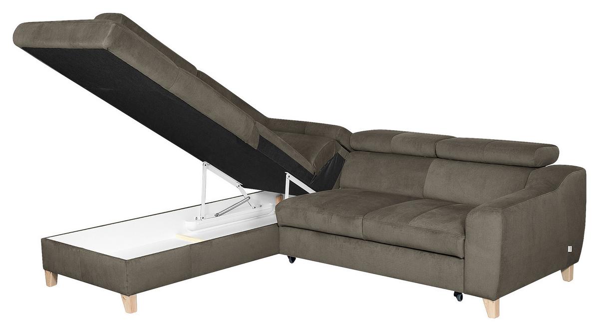 Ecksofa Aspen Mit Bettkasten Webstoff Graubraun 208x245 Cm - Graubraun/Buchefarben, Design, Textil (208/245cm) - Livetastic