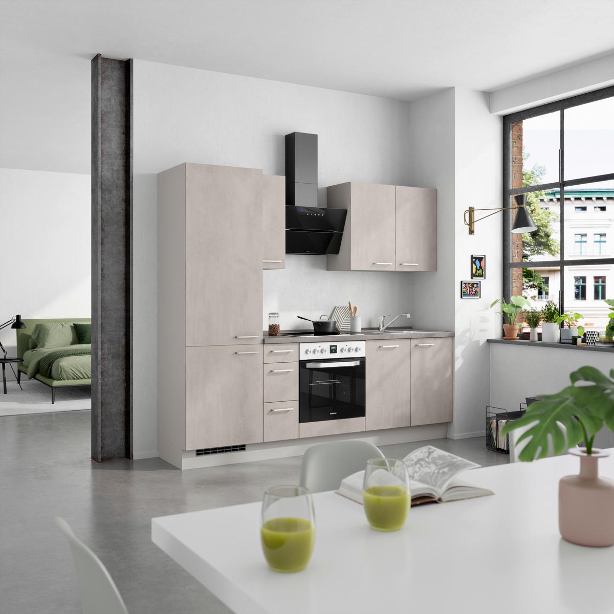 Kuchynská linka 240 cm, šedý betón/ kamenná šedá - sivá/farba ušľachtilej ocele, Modern, kov/kompozitné drevo (240cm) - Nobilia