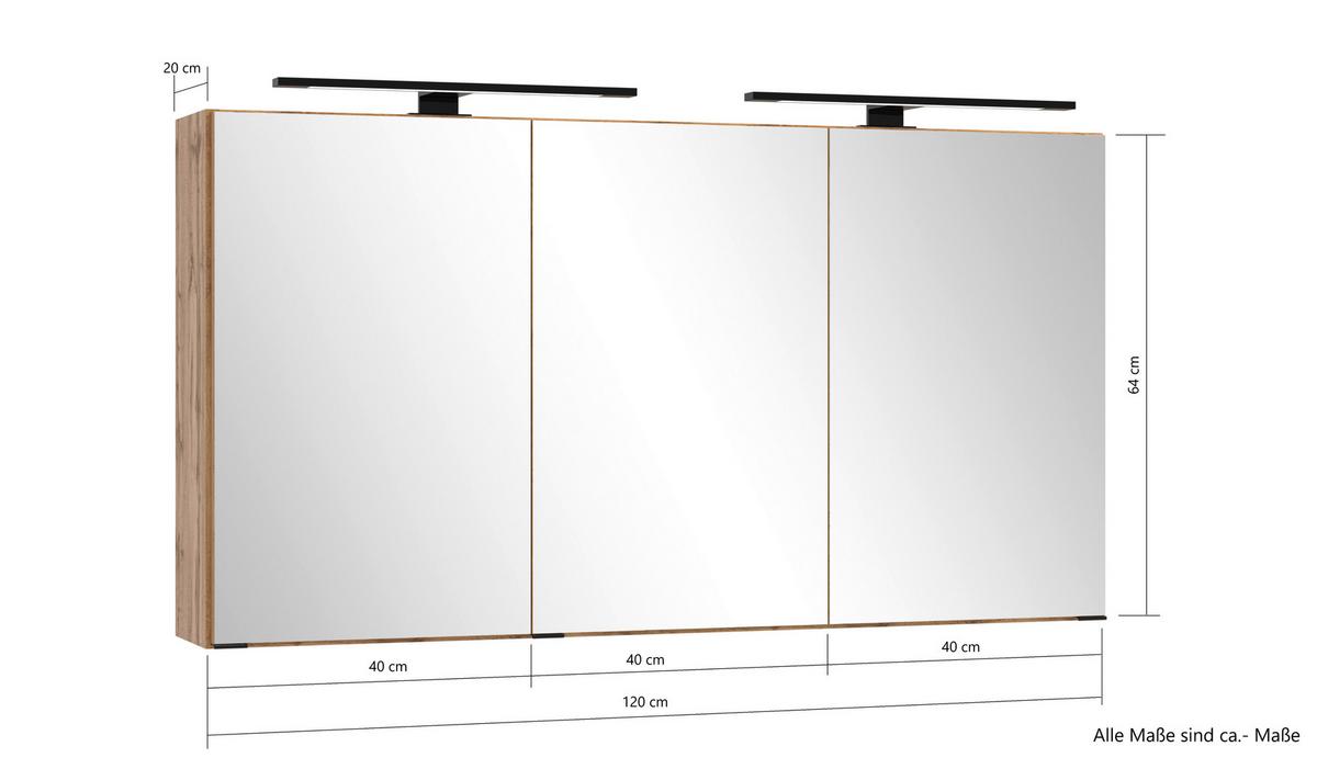 Spiegelschrank Chester Mit Led Beleuchtung 3 Türen +steckdose - Eiche Wotan, MODERN, Glas/Holzwerkstoff (120/64/20cm) - Held
