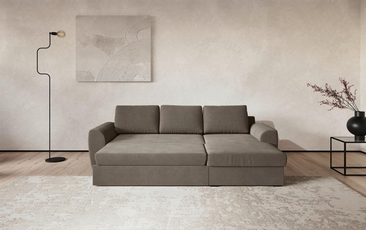 Ecksofa mit Bettfunktion Cord taupe, B: 253cm - Taupe/Schwarz, Trend, Textil (253/154cm) - MID.YOU