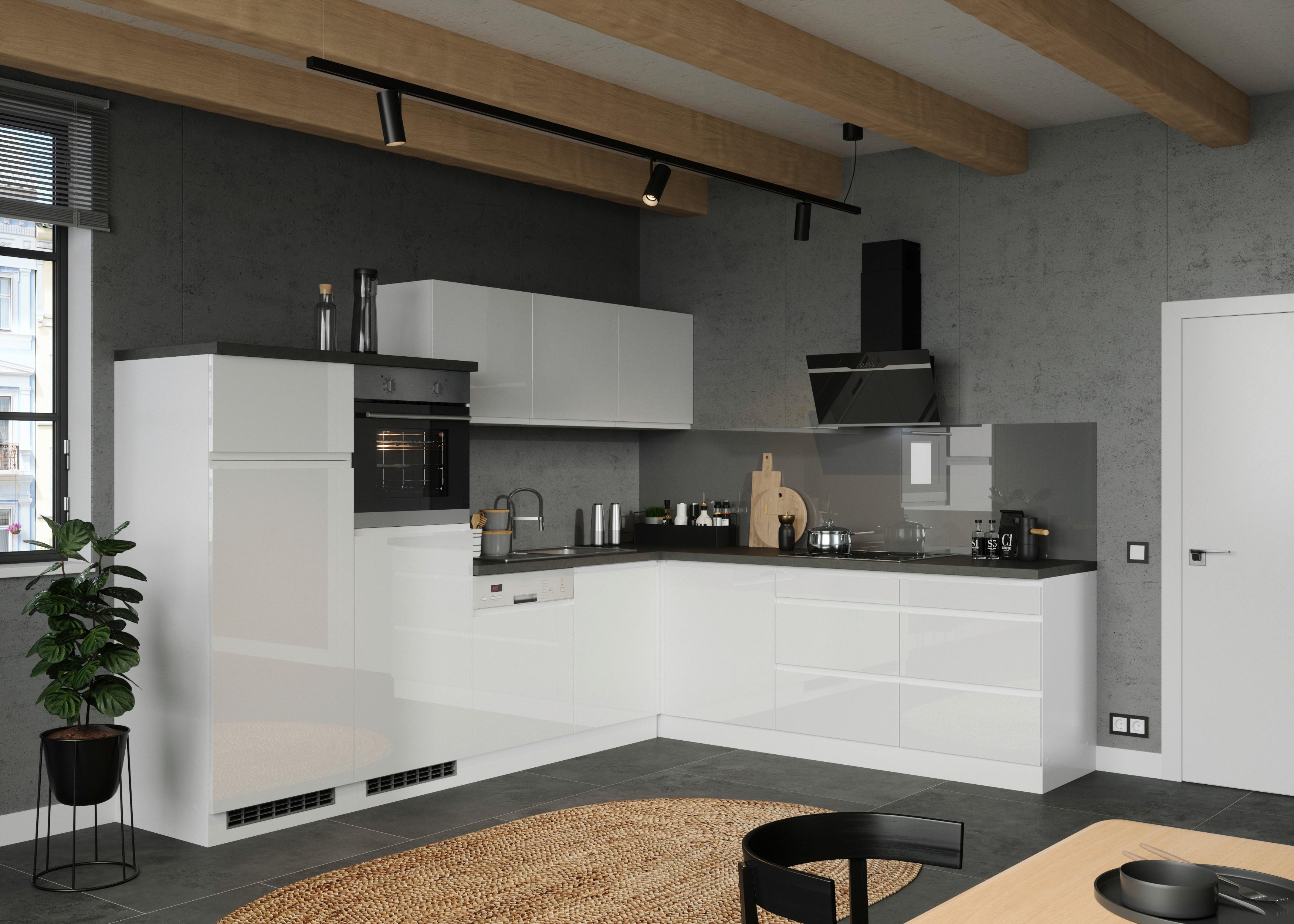 Eckküche Monza mit Geräten 300x240 cm Weiß/Grau - Weiß Hochglanz/Weiß, LIFESTYLE, Holzwerkstoff (300/240cm) - Held