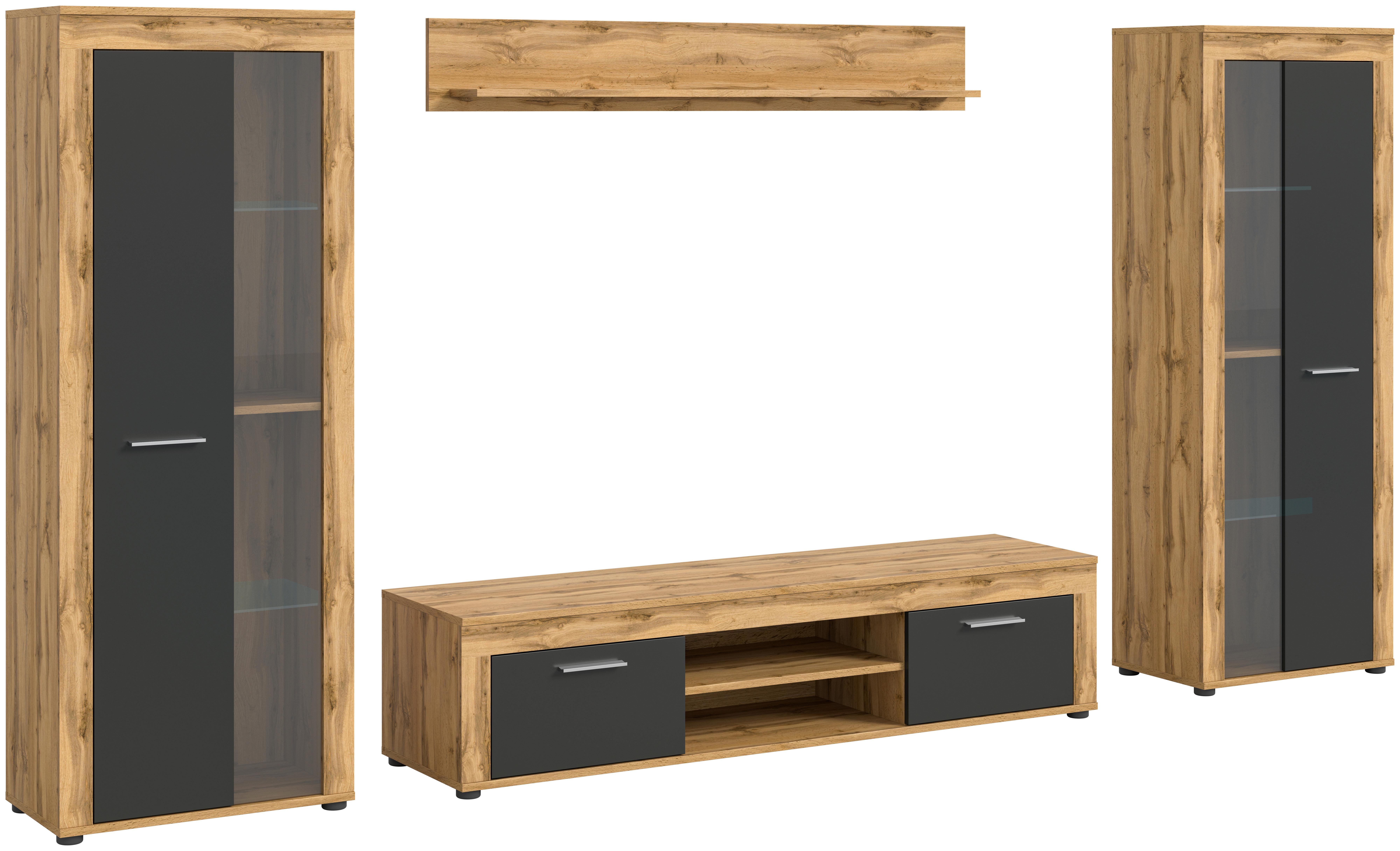 Wohnwand Jam Eiche Wotan Dekor B: 310cm - Eiche Wotan/Schwarz, Design, Glas/Holzwerkstoff (310/159/35cm) - MID.YOU