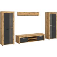 Wohnwand Jam Eiche Wotan Dekor B: 310cm - Eiche Wotan/Schwarz, Design, Glas/Holzwerkstoff (310/159/35cm) - MID.YOU