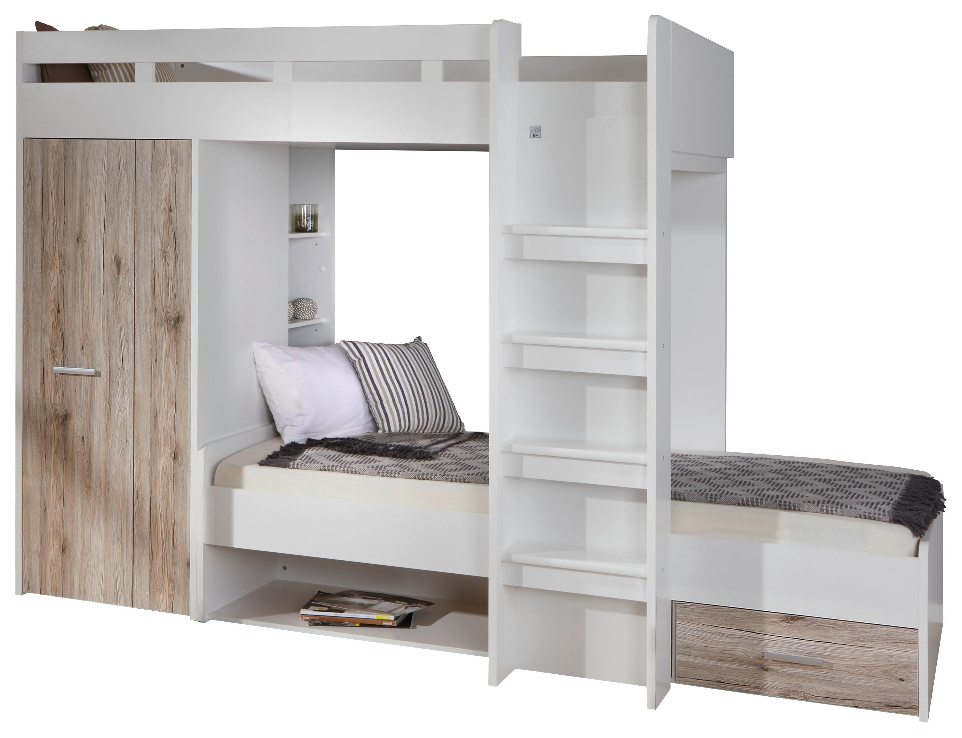 Etagenbett Maxi Weiß/eiche Dekor 90 Cm Schrank Stauraum - Eichefarben/Weiß, KONVENTIONELL, Holzwerkstoff (90/200cm) - MID.YOU
