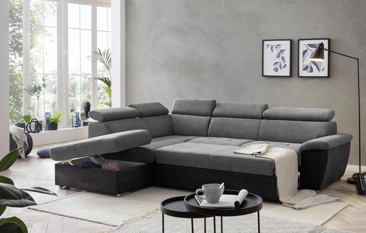 Ecksofa Mit Bettkasten Antero Kopfteile Verstellbar Grau - Chromfarben/Dunkelgrau, Design, Textil (216/262cm) - Livetastic