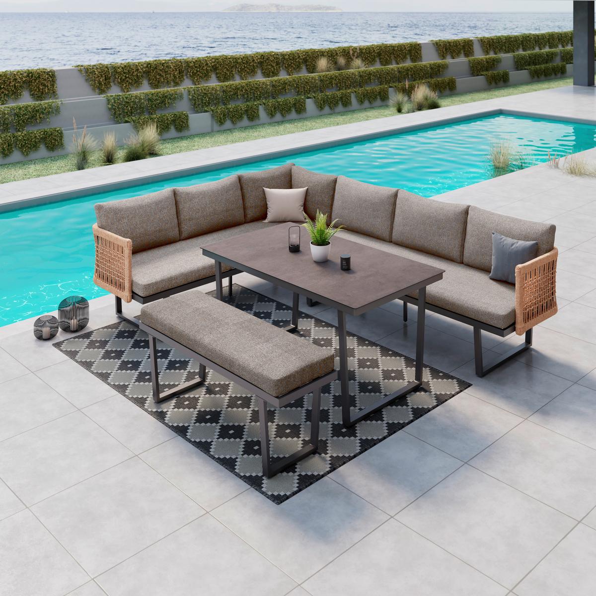 TERASOVÁ SEDACIA SÚPRAVA EMMI - hnedá/prírodná farba, Modern, kov/textil (256/68/68cm) - Mömax