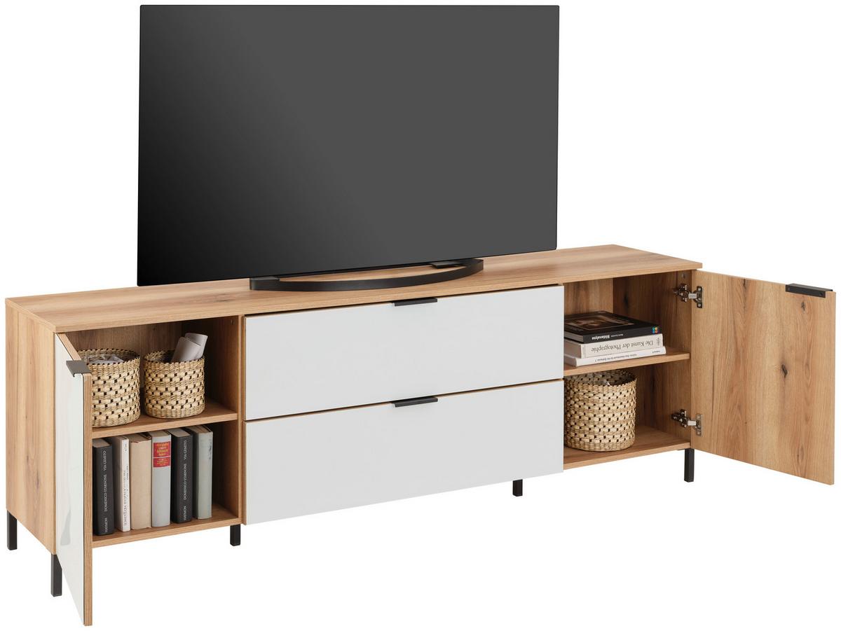 Tv-lowboard Austin 180 Cm Eichefarben/glasfront Weiß - Eichefarben/Schwarz, Trend, Glas/Holzwerkstoff (180/63/40cm)