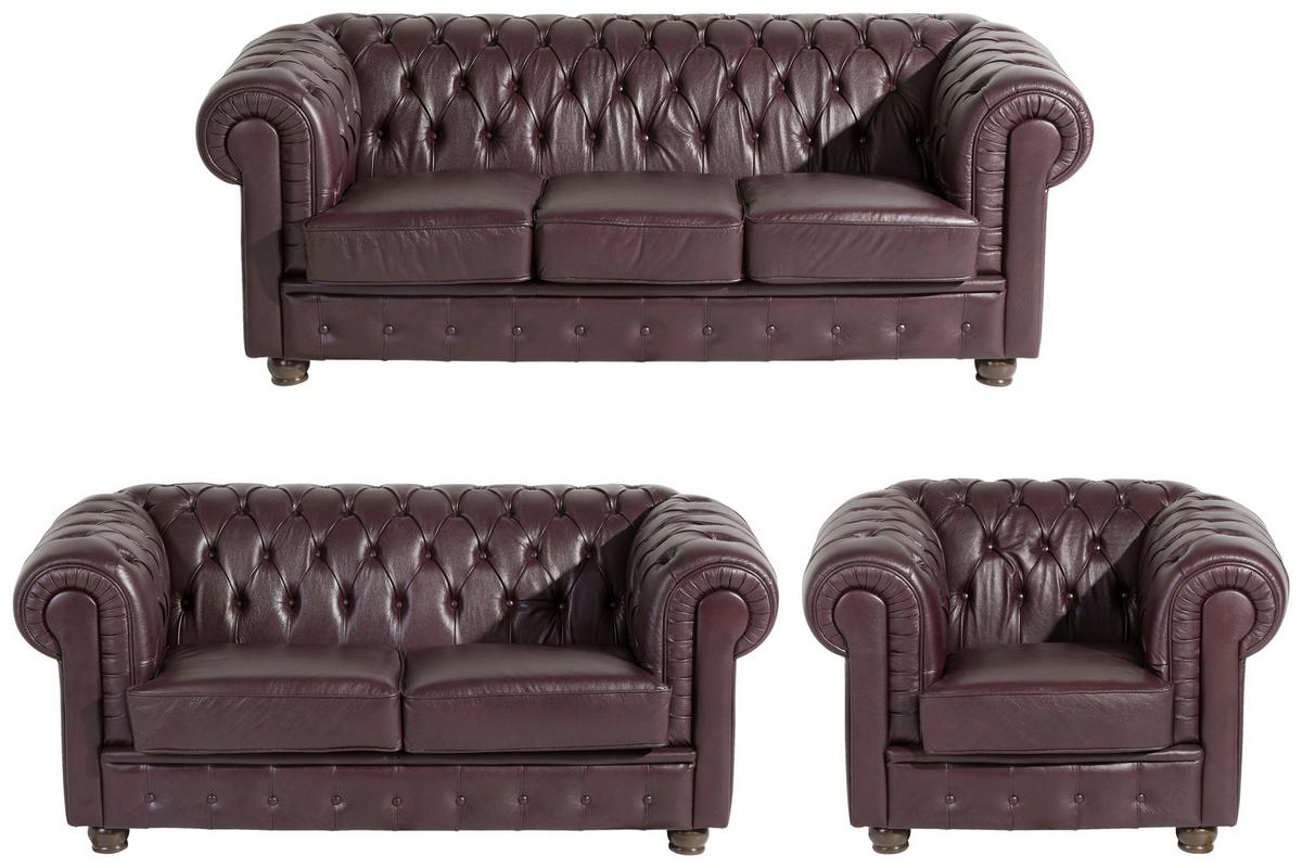 Sitzgarnitur 3-Tlg. Bridgeport Echtleder Rot - Rot/Nussbaumfarben, Design, Leder/Holz - Max Winzer