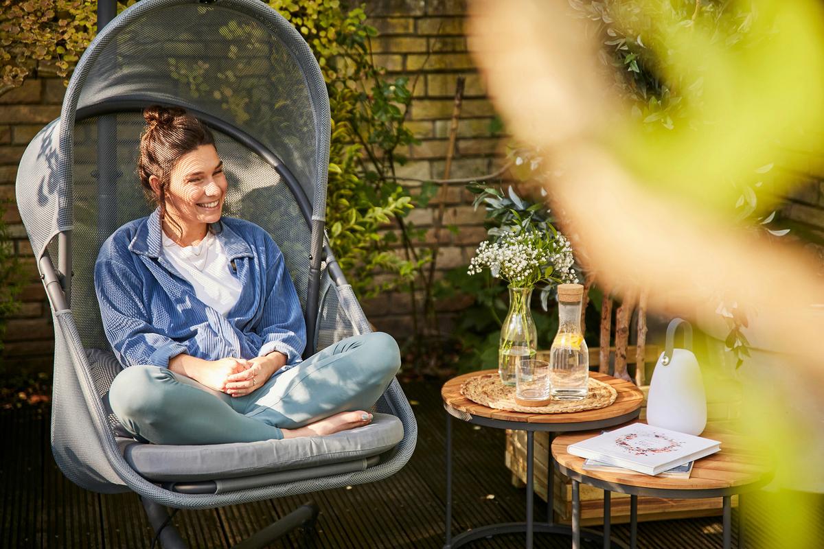 Hängesessel mit Gestell Mit Sitz- und Rückenkissen - Blau/Anthrazit, KONVENTIONELL, Kunststoff/Textil (123/195cm) - Siena Garden