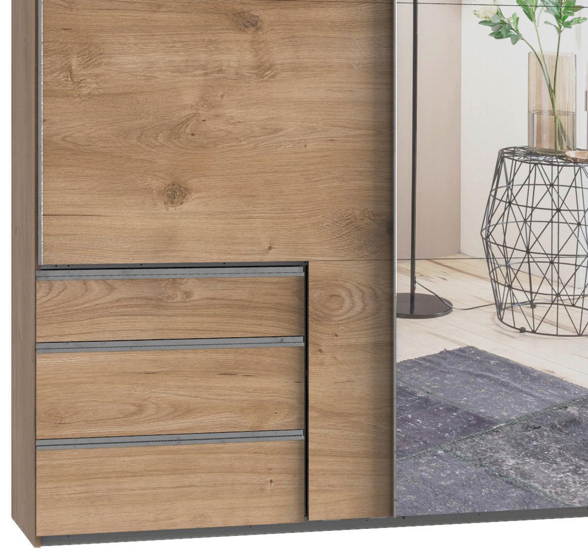 Schwebetürenschrank Mit Spiegel + Laden 350cm Level 36a, Eiche - Eichefarben, Basics, Holzwerkstoff (350/216/65cm) - MID.YOU