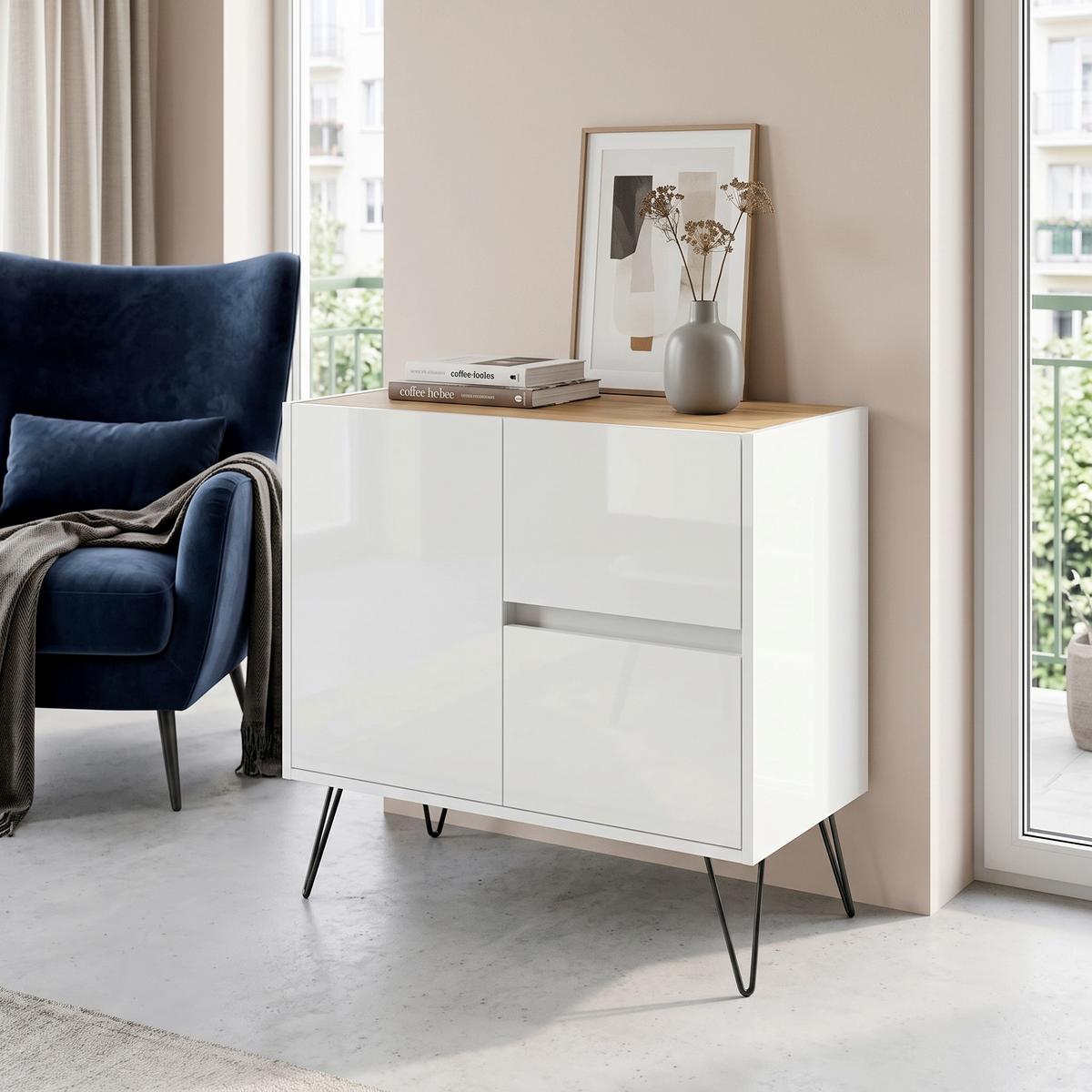 Sideboard Posseik Industrial Eichefarben/Weiß B: 79 cm - Weiß Hochglanz/Eichefarben, Design, Holzwerkstoff (79/75,8/42cm) - MID.YOU