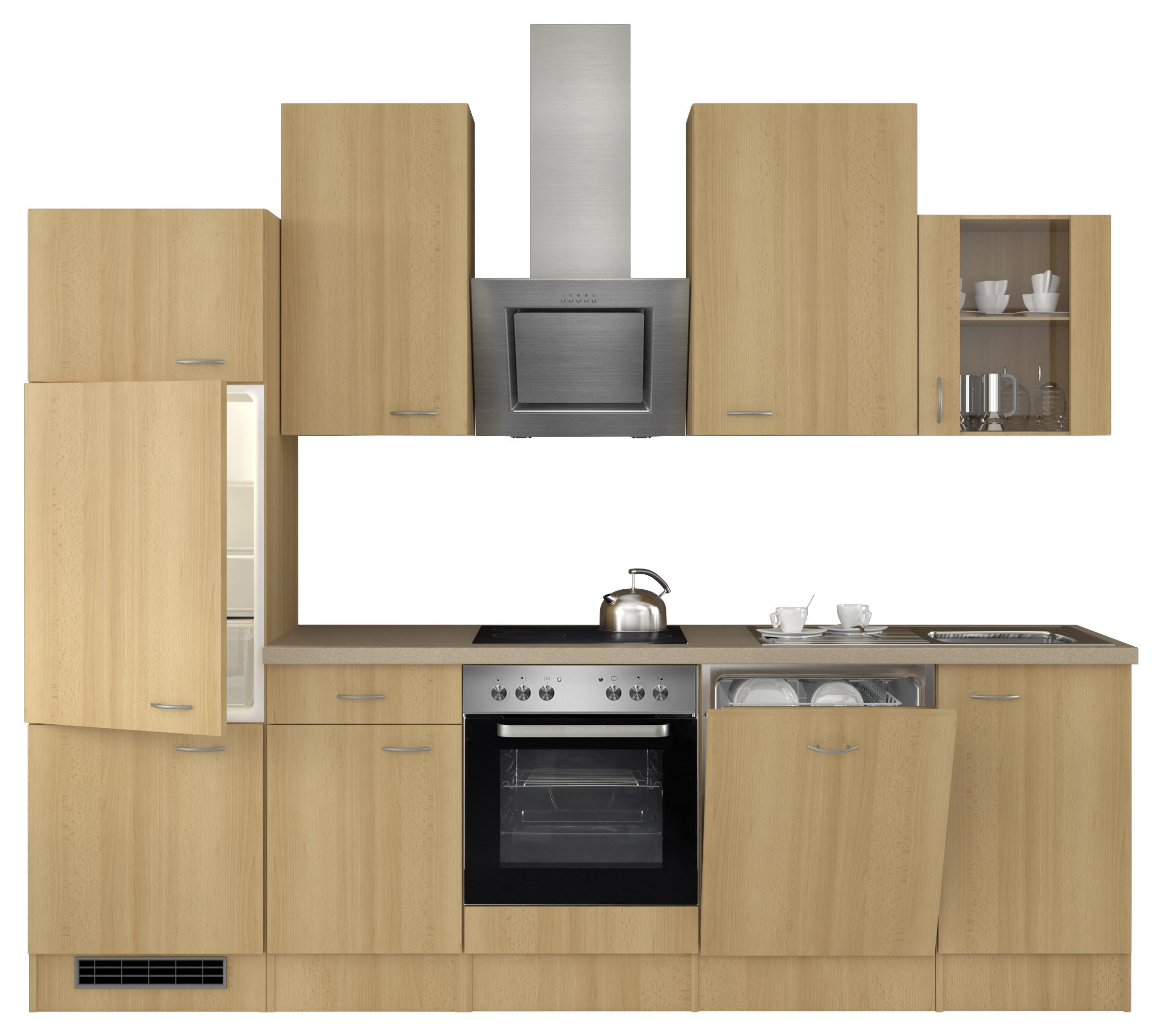 Küchenzeile Nano mit Geräten 280 cm Buche/Creme Dekor - Beige/Buchefarben, MODERN, Glas/Holzwerkstoff (280cm) - FlexWell