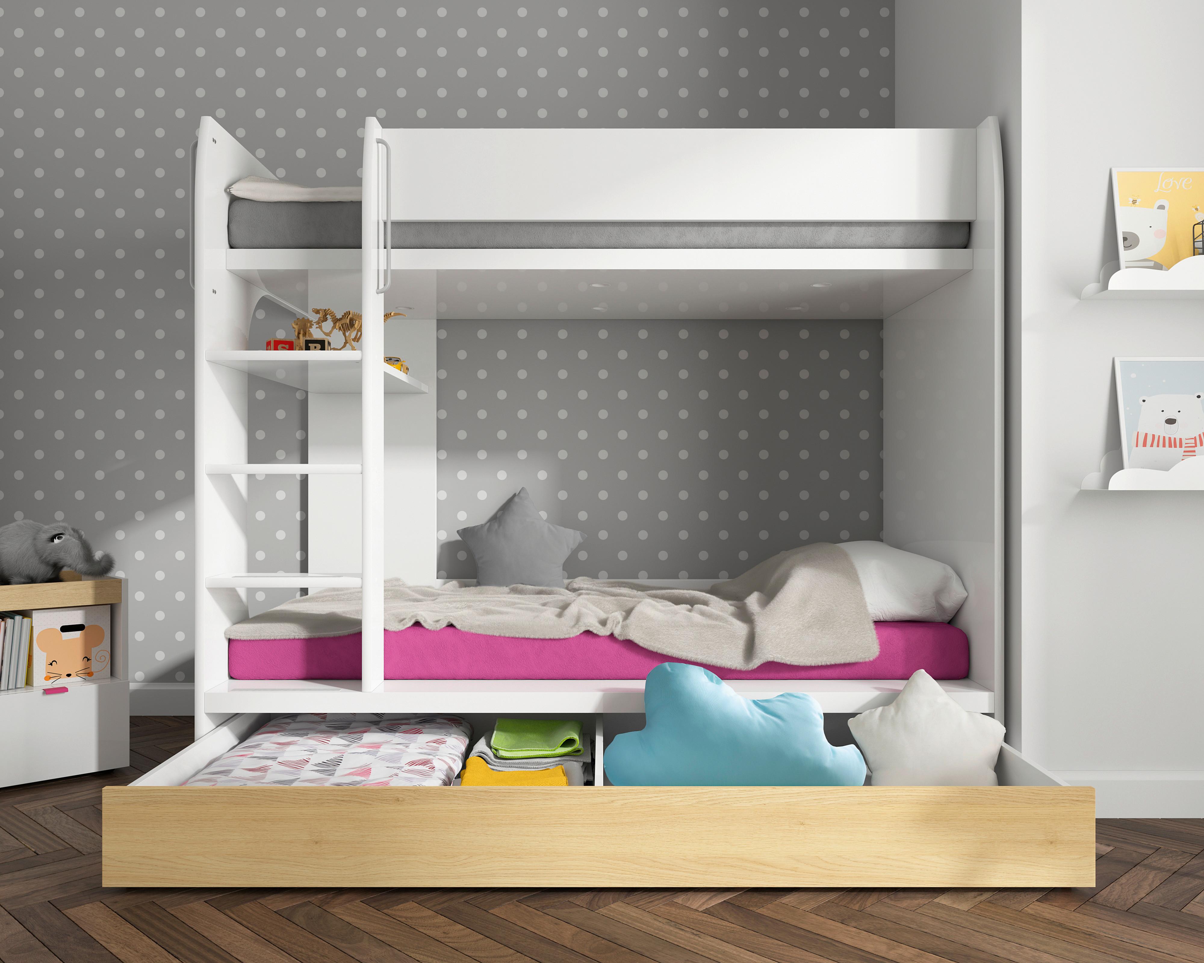 Poschodová posteľ NANDU - biela/biela s vysokým leskom, Modern, kompozitné drevo (80/180cm) - MID.YOU