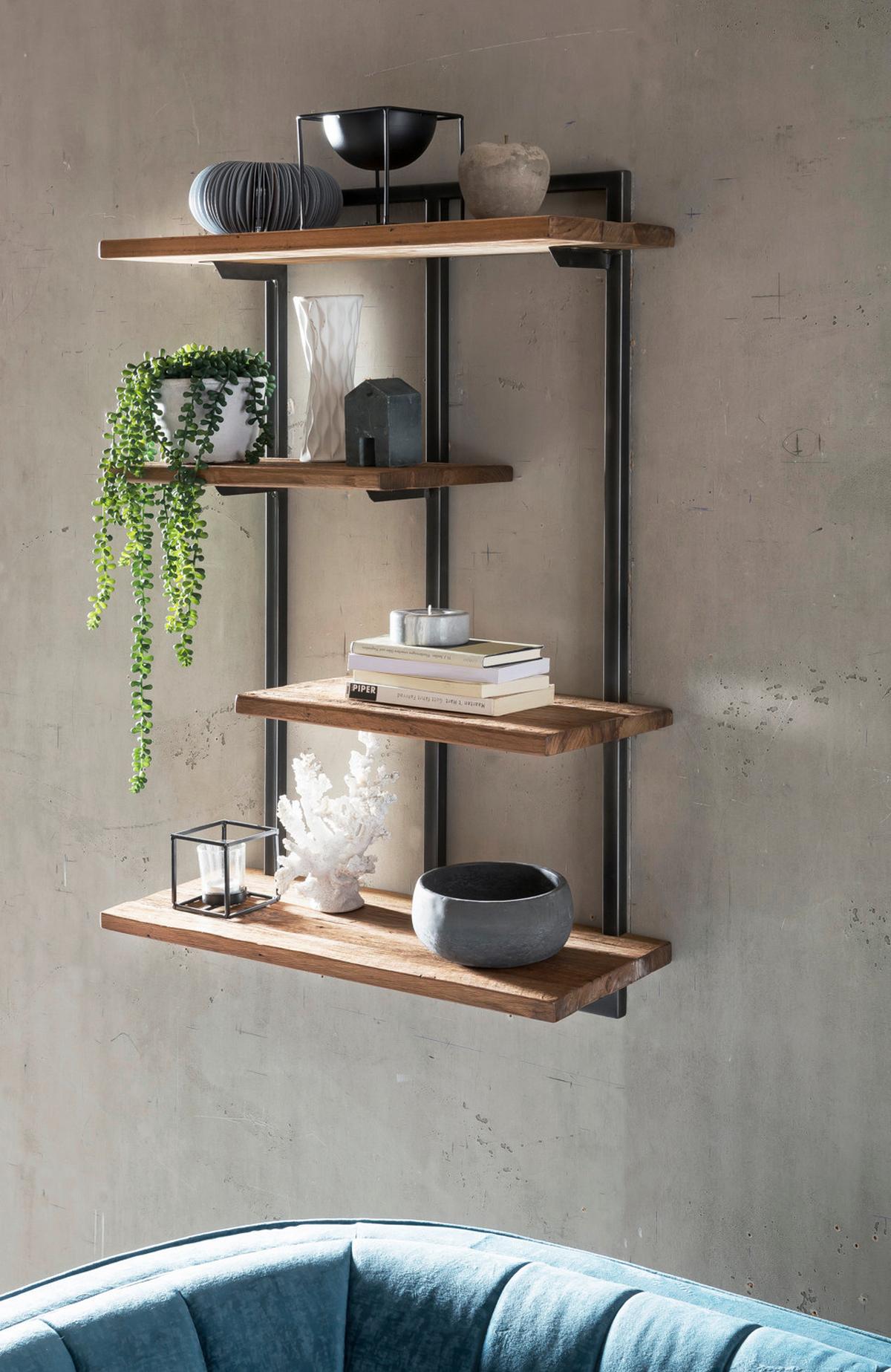 Wandregal 4 Böden Teakholz/Metall B: 70cm - Schwarz/Naturfarben, Design, Holz/Metall (70/97/25cm) - MID.YOU