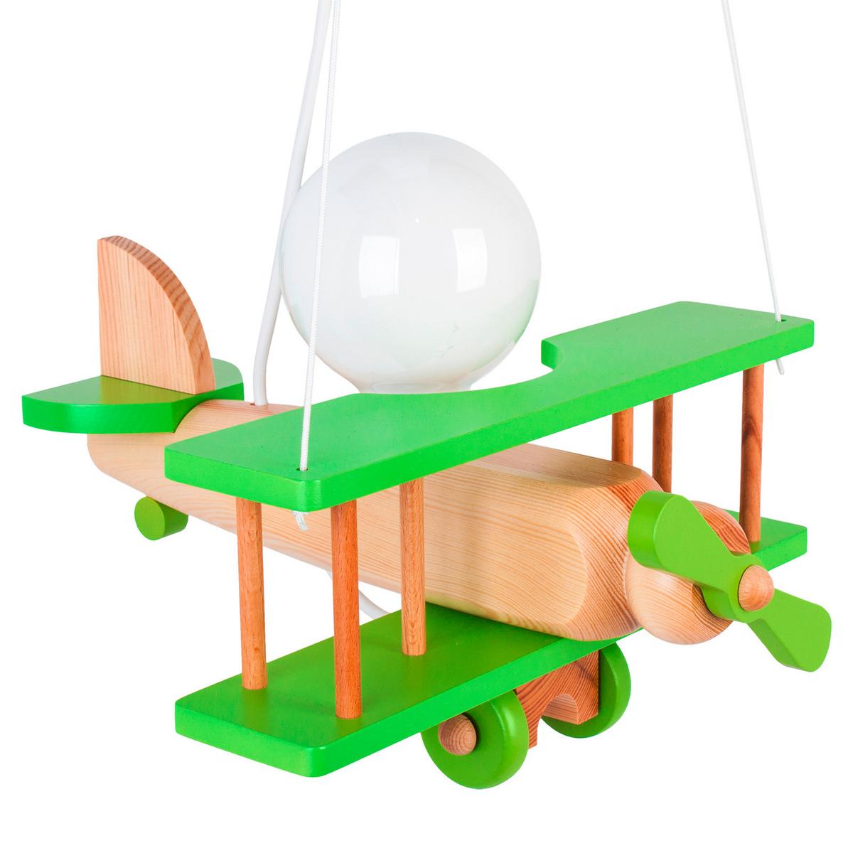 Kinderhängeleuchte Flugzeug H: 75 cm 1-Flammig - Naturfarben/Grün, KONVENTIONELL, Holz (29/31/75cm)