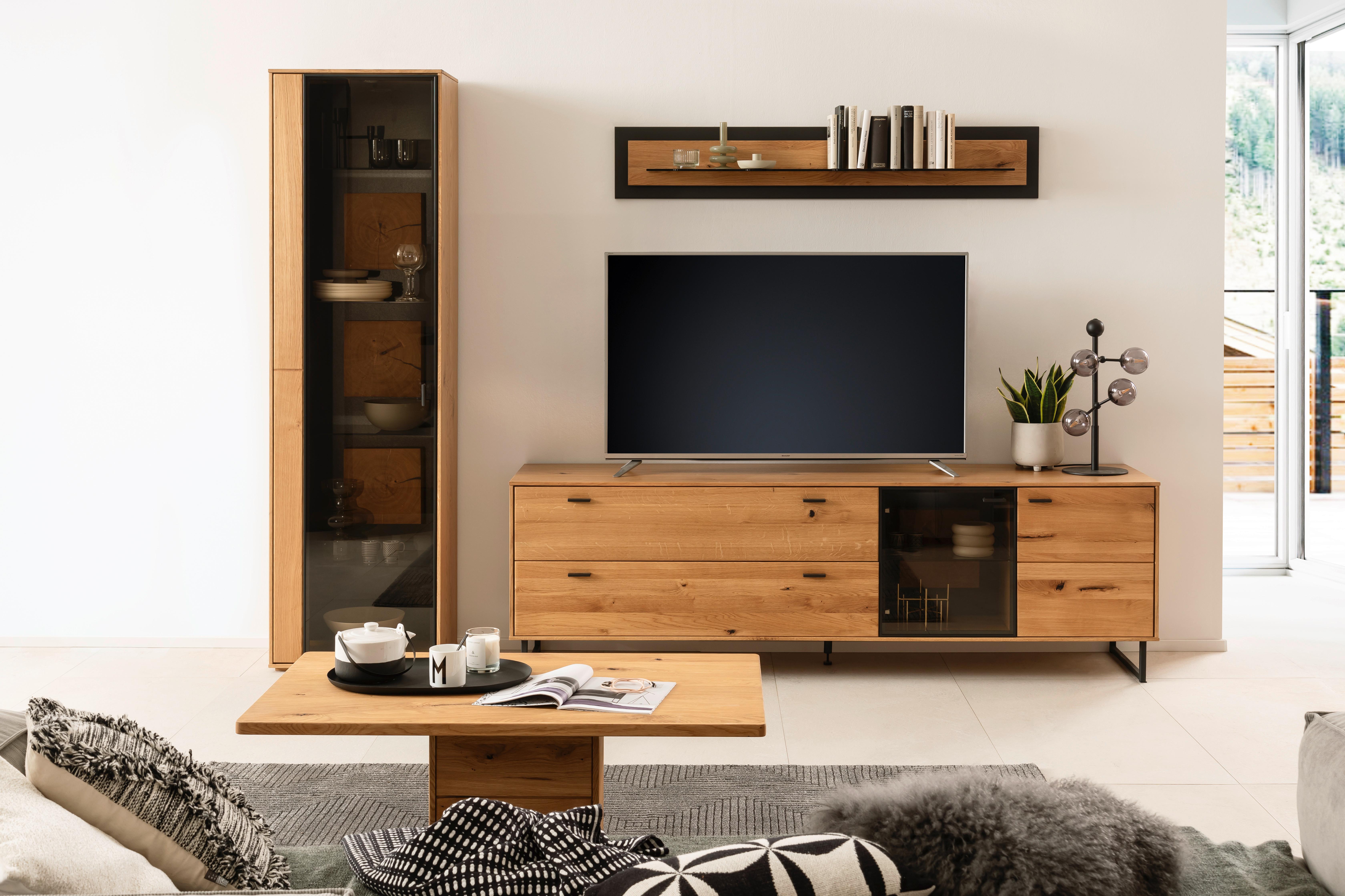 Lowboard Assini B: 213 cm Wildeiche - Wildeiche/Schwarz, Design, Glas/Holz (213/68/50cm) - MID.YOU