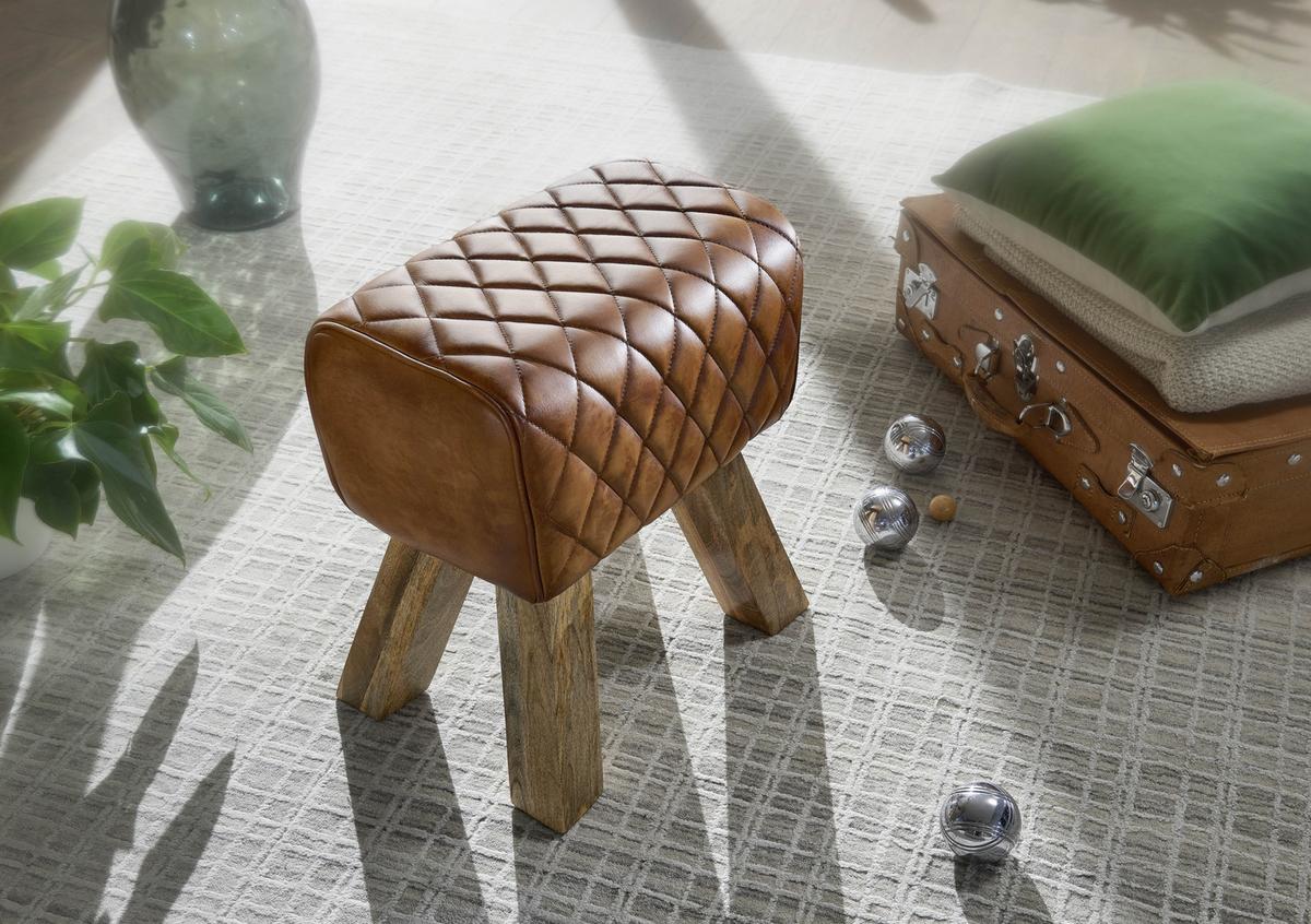 Taburetka Hocker pravá koža - hnedá/prírodná farba, Modern, koža/drevo (40/48/27cm) - MID.YOU