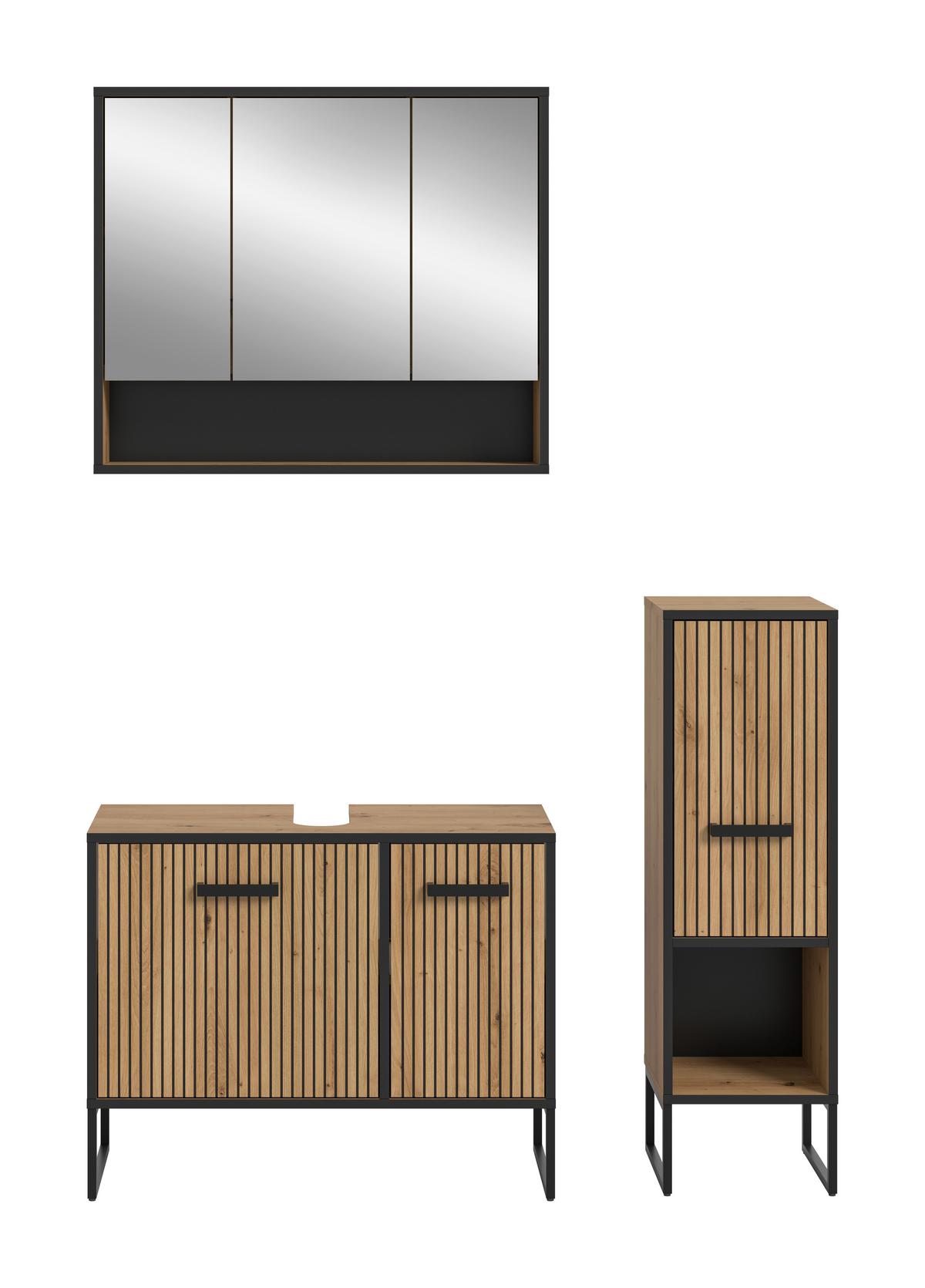 Badezimmer Bagno Schwarz /Eiche Artisan Dekor B: 110cm - Schwarz/Eiche Artisan, Trend, Glas/Holzwerkstoff (110cm) - MID.YOU